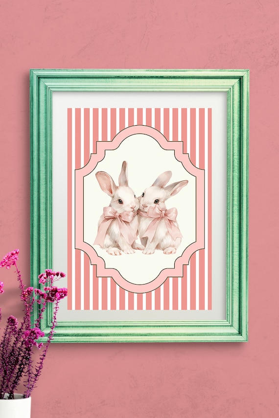 Two White Bunnies with Pink Bows Coquette Nursery Rabbit Print