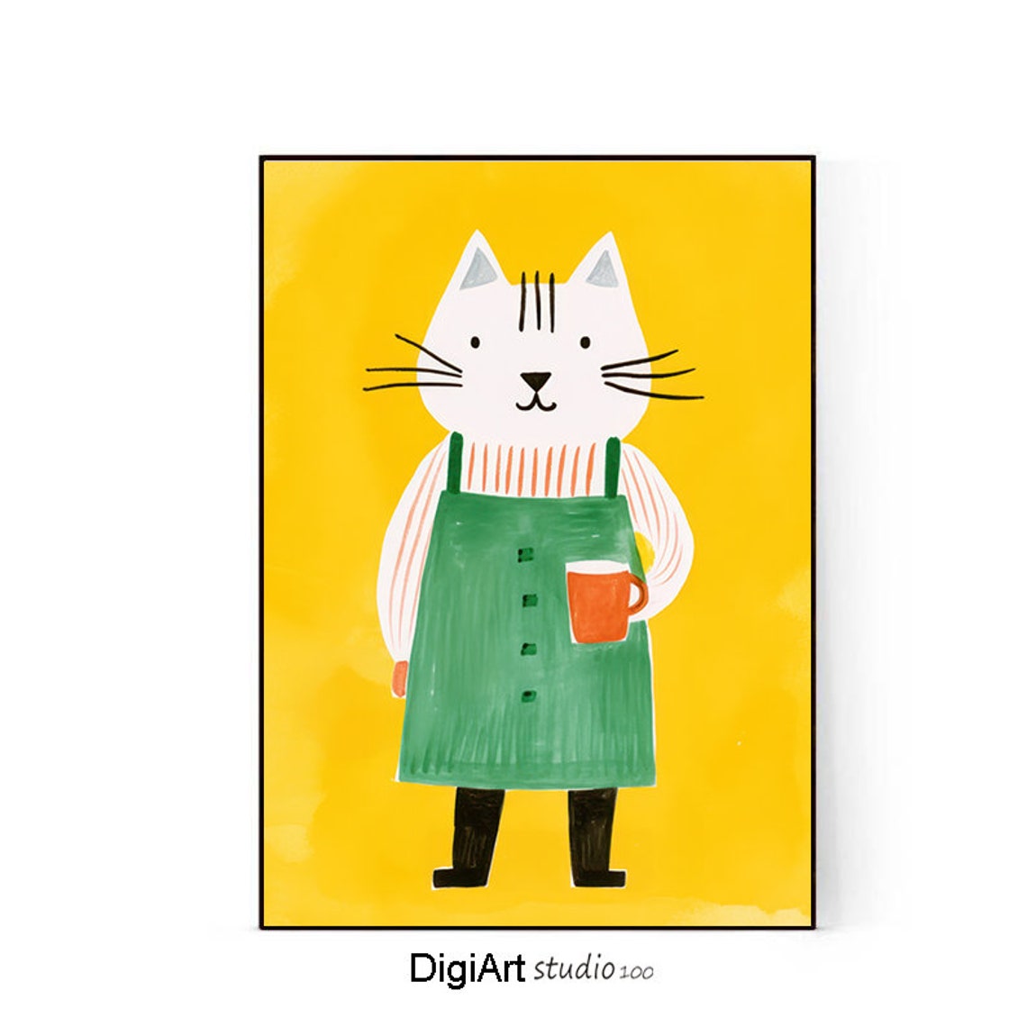 Cat Barista Green Apron Coffee Cup Cute Kitchen Yellow Poster