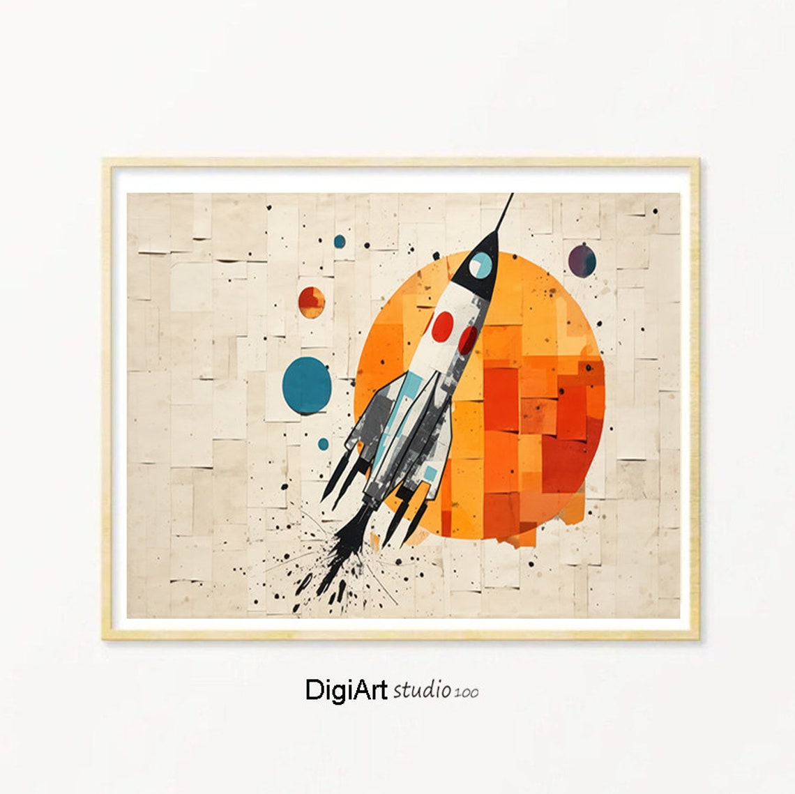 Space Rocket Collage Orange Sun Planets Kids Nursery Adventure Poster