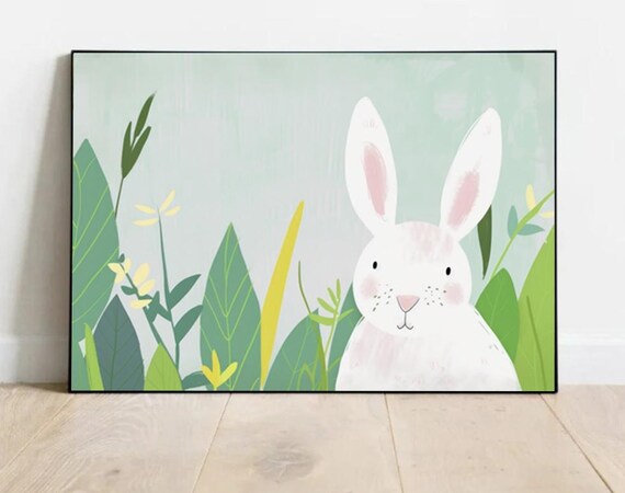 Sweet White Bunny Among Tropical Leaves Pastel Kids Nursery Print