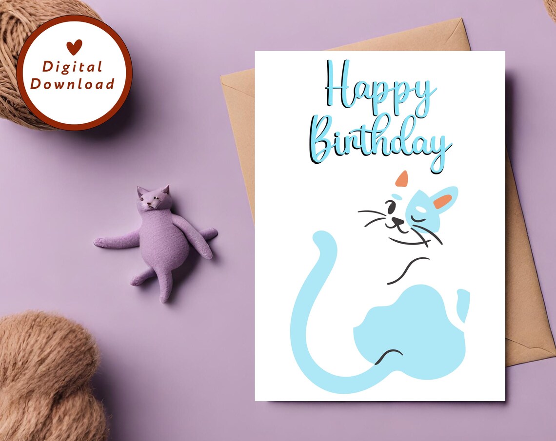 Happy Birthday Cat Card Simple Blue Cartoon Kitty Art Poster