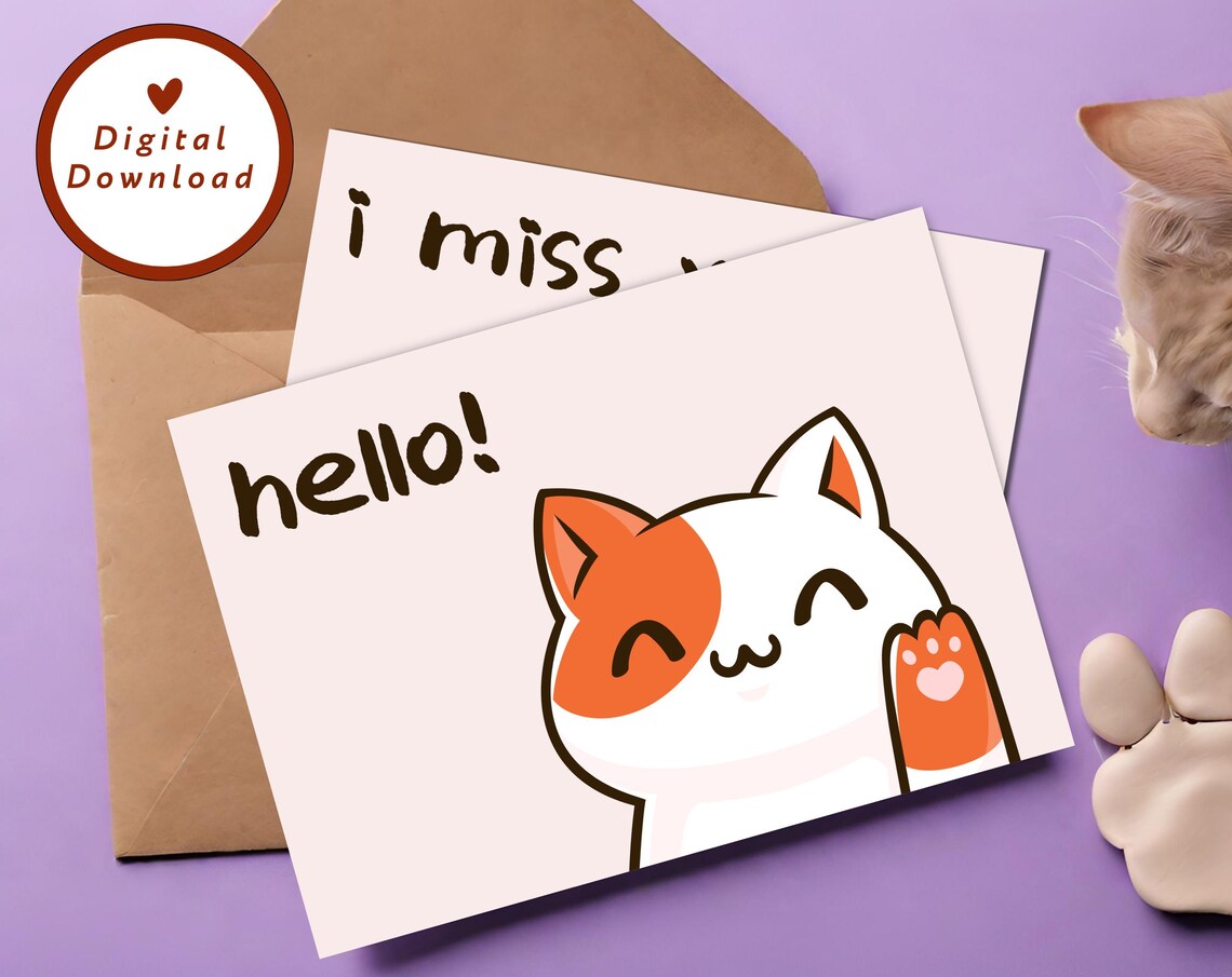 Cute Pink Anime Cat Hello Greeting Cards Five Pack Art Print
