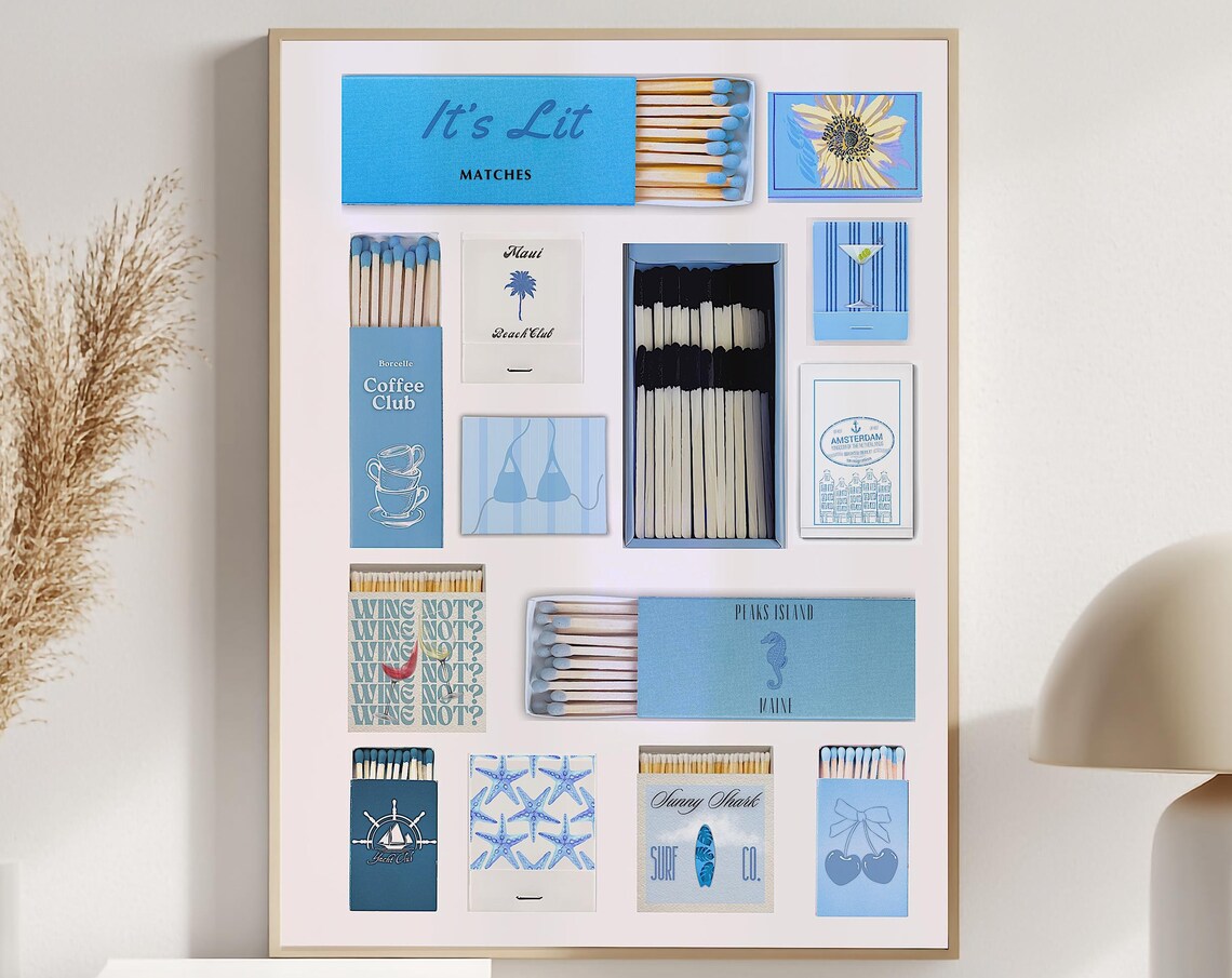 Blue Matchbox Collage Coastal Aesthetic Trendy Matchbook Poster - Image 2