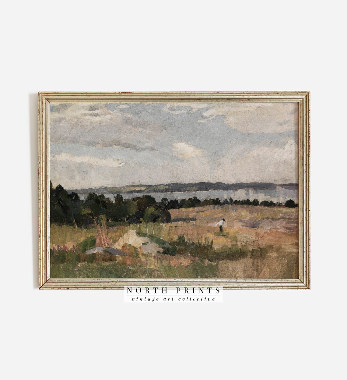 Summer Coastal Meadow Distant Lake Vintage Landscape Painting Poster - Image 2