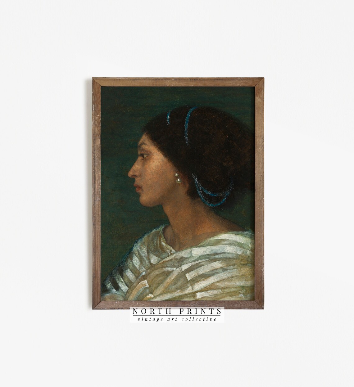 Vintage Female Portrait Profile Blue Beads Antique Oil Painting Print