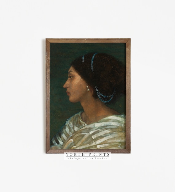 Vintage Female Portrait Profile Blue Beads Antique Oil Painting Print