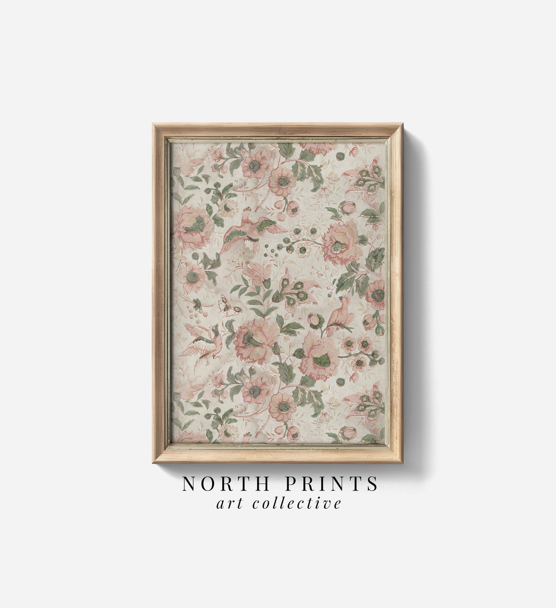 Pink Floral Chintz Pattern Birds Vintage Botanical Art Print