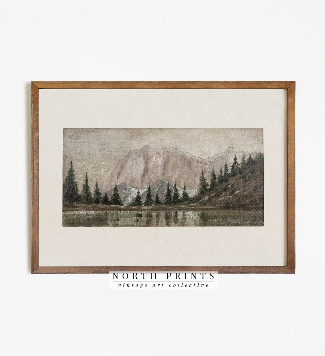 Sepia Mountain Lake Pine Forest Panoramic Vintage Landscape Print