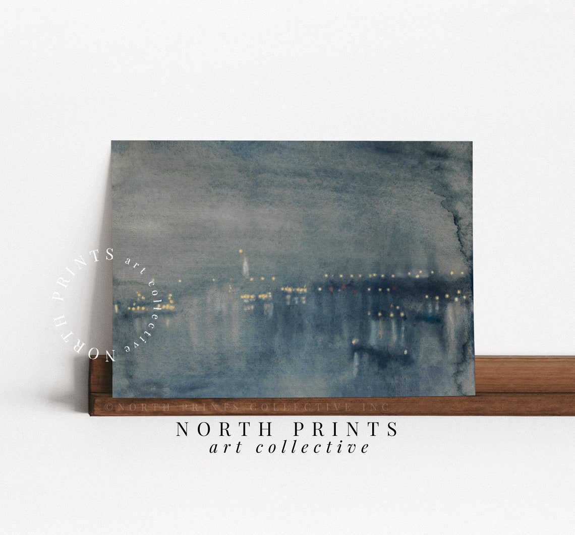 Dark Blue Evening City Skyline Night Lights Water Reflections Poster - Image 3