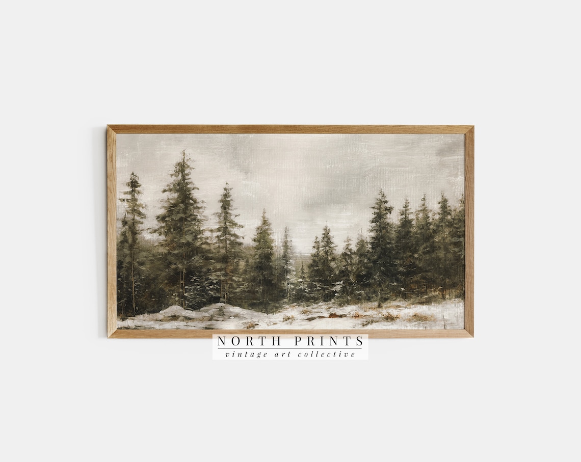 Winter Forest Painting, Christmas Pine Trees Art Print