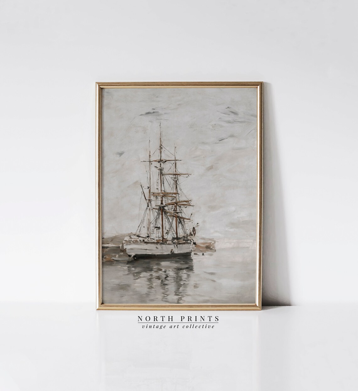 Muted Nautical Ship Oil Painting Vintage Sailboat