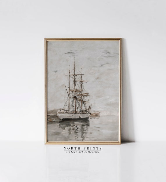 Muted Nautical Ship Oil Painting Vintage Sailboat