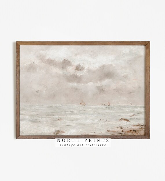 Muted Foamy Shoreline Distant Sailboat Vintage Seascape Painting Poster