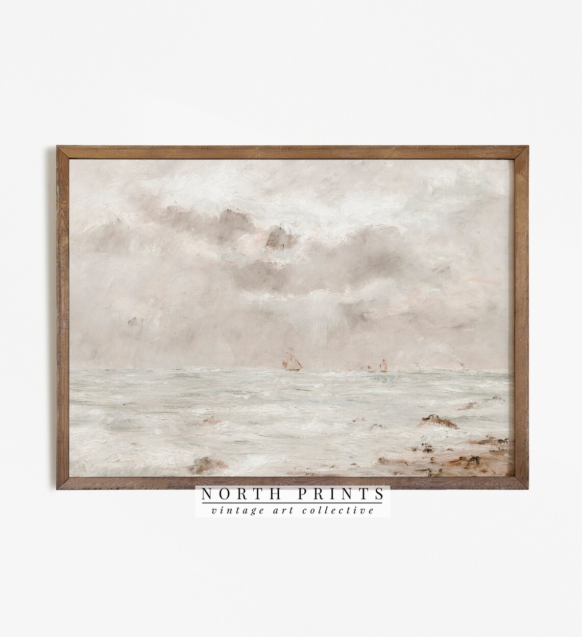 Muted Foamy Shoreline Distant Sailboat Vintage Seascape Painting Poster