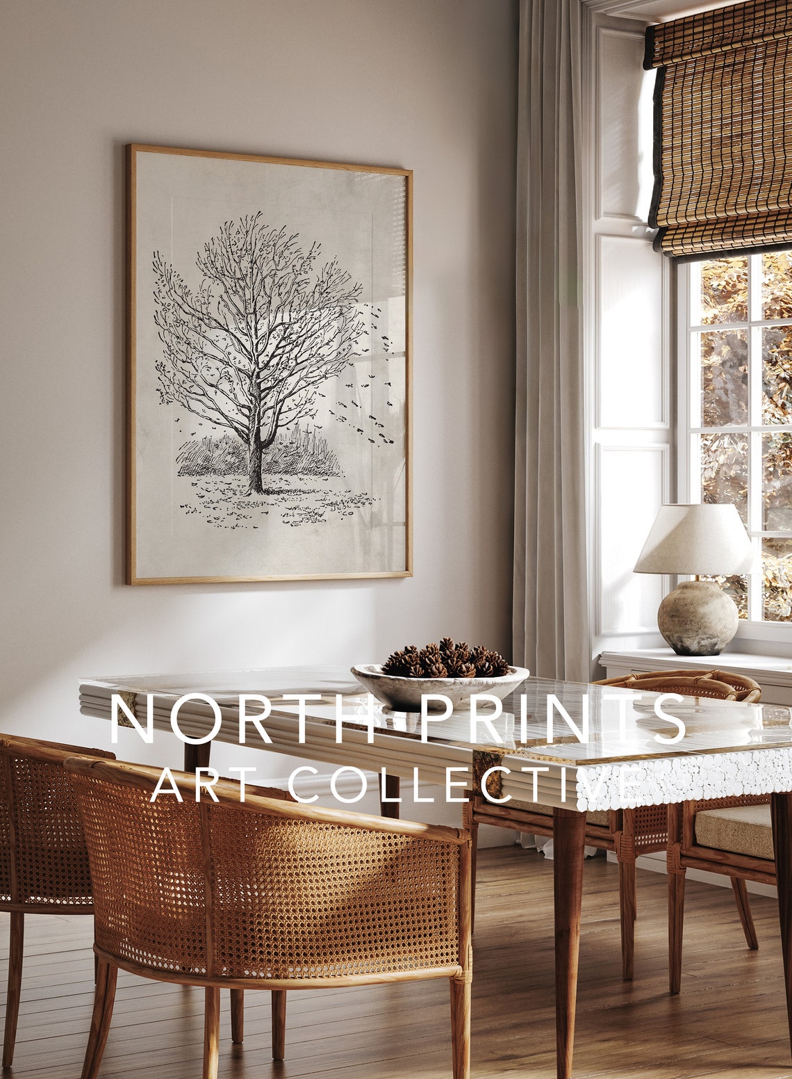 Rustic Autumn Tree Sketch Neutral Vintage Fall Forest Scene Poster - Image 2