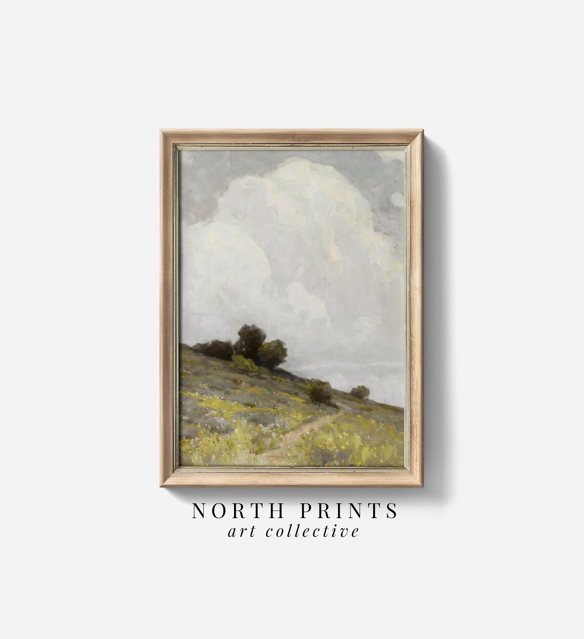 Country Hillside Meadow Painting Big Cloudy Sky Vintage Poster