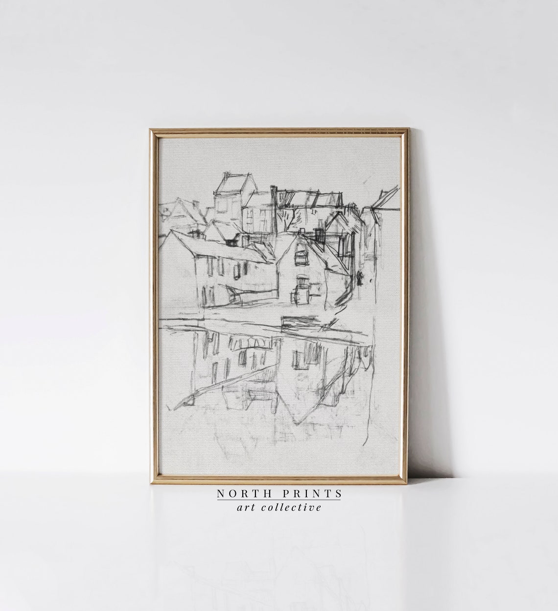 Antique French Old Town Pencil Sketch Water Reflection Poster - Image 4