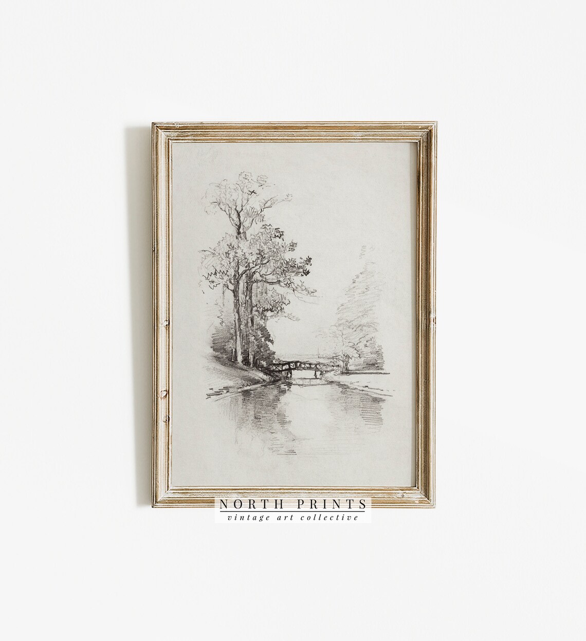 Landscape Sketch Vintage Etching, Bridge Trees Art Print - Image 2