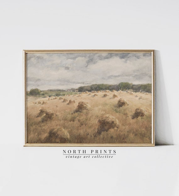 Vintage Hay Field Farmhouse Autumn Landscape Art Print