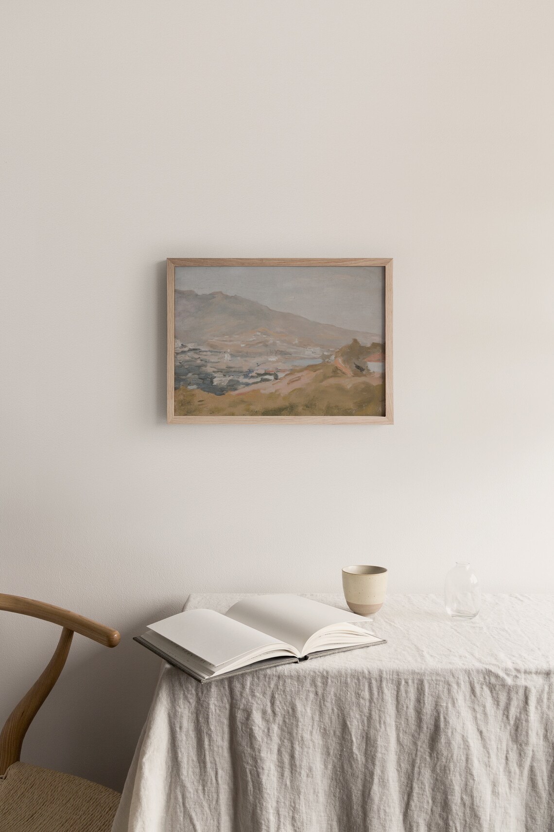Hazy Coastal Mountains White Village Vintage Tonal Painting Poster - Image 4