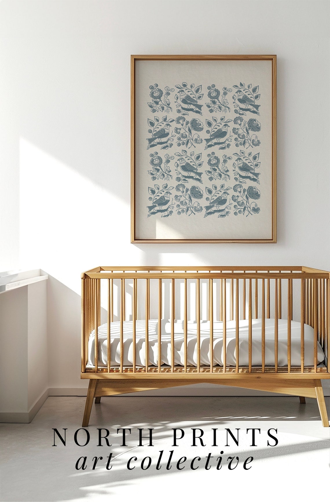 Dusty Blue Bird Floral Block Print Pattern Folk Nursery Kids Wall Art - Image 4