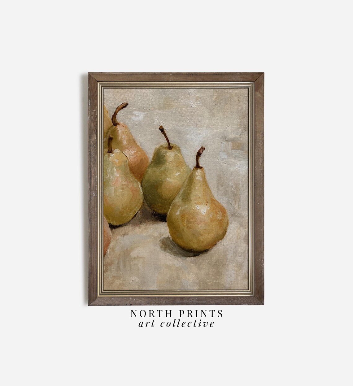 Rustic Pear Still Life Painting Vintage Green Golden Fruit Kitchen Wall Print