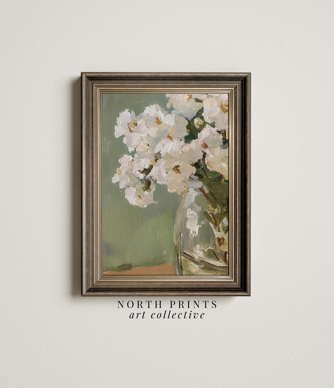White Flower Still Life, Soft Green Wall Decor - Image 2