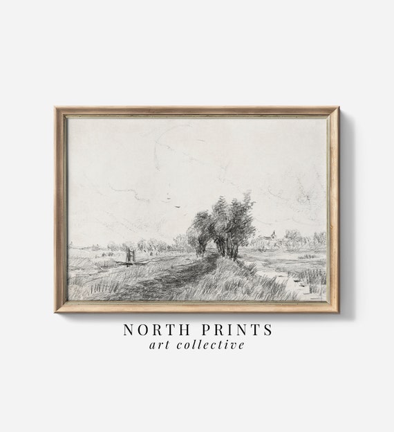 Neutral Vintage Print Art Simple Landscape Sketch North Prints Sk 308