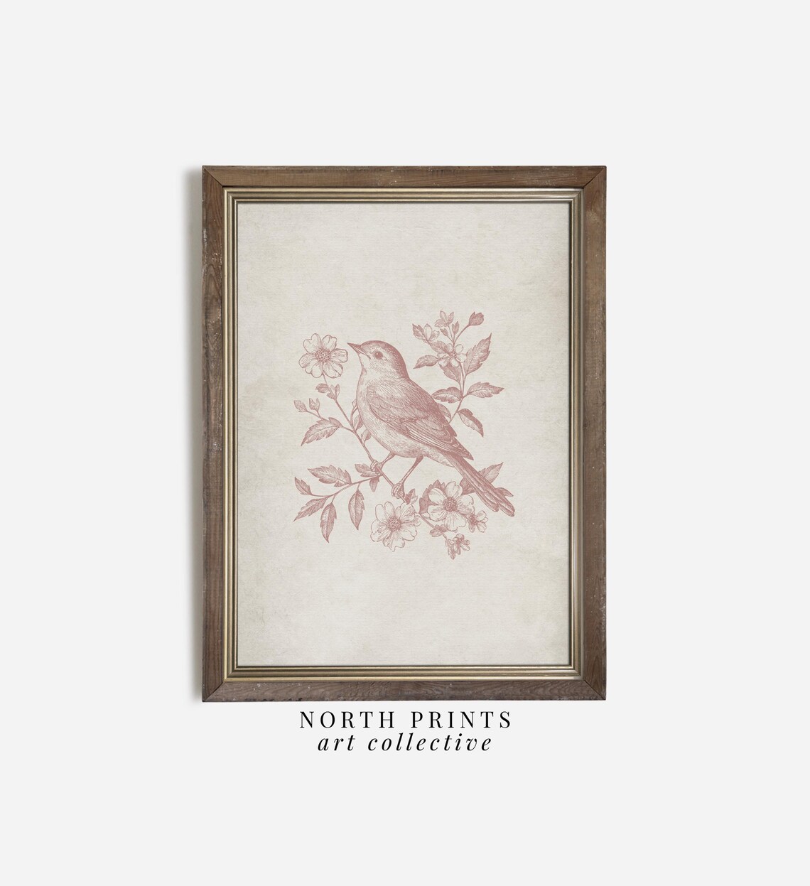 Pink Antique Bird Illustration Floral Branch Nursery Room Poster - Image 3