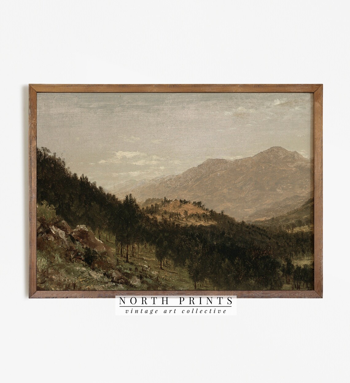 Moody Rustic Landscape Forest Painting, Vintage Mountainscape Print