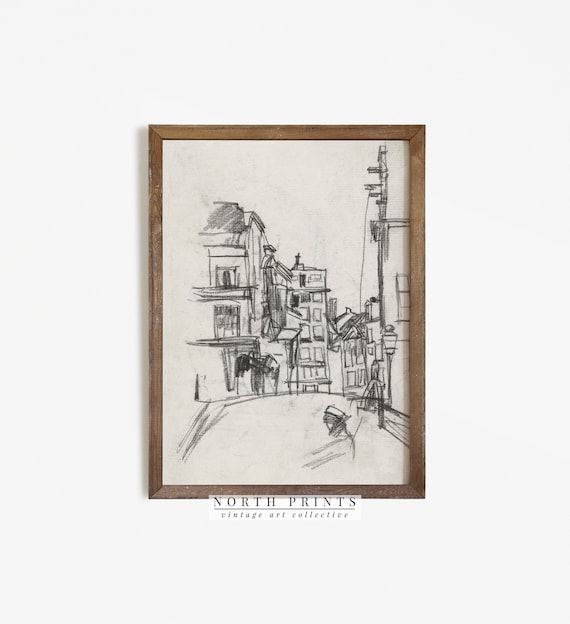 Vintage Cityscape Rough Sketch Architecture Art Print
