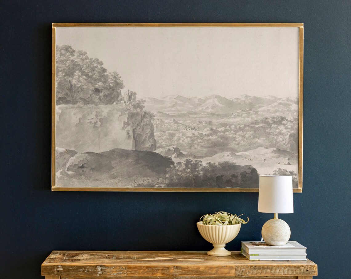 Black and White Mountain Scene, Vintage Art Print