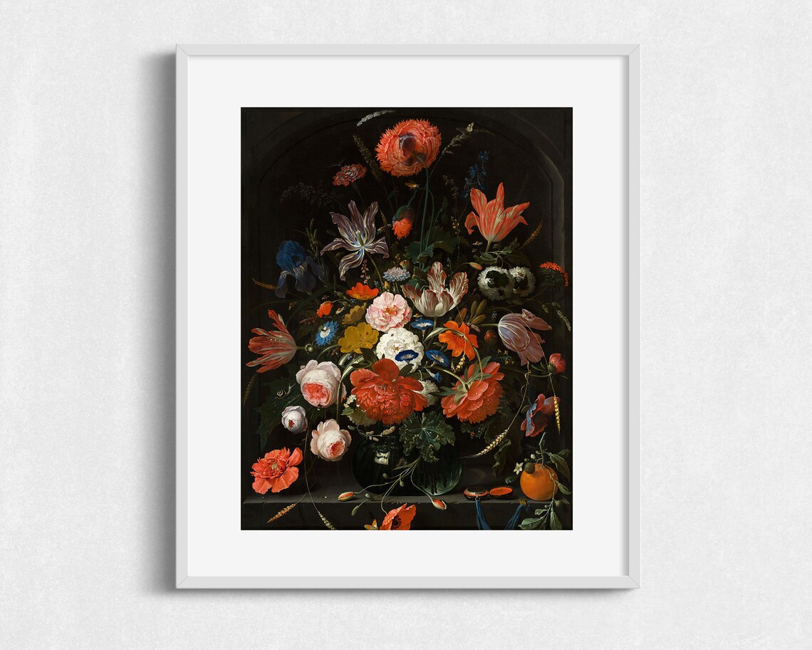 Red Poppies Tulips Dark Niche Floral Bouquet Still Life Art Poster - Image 2