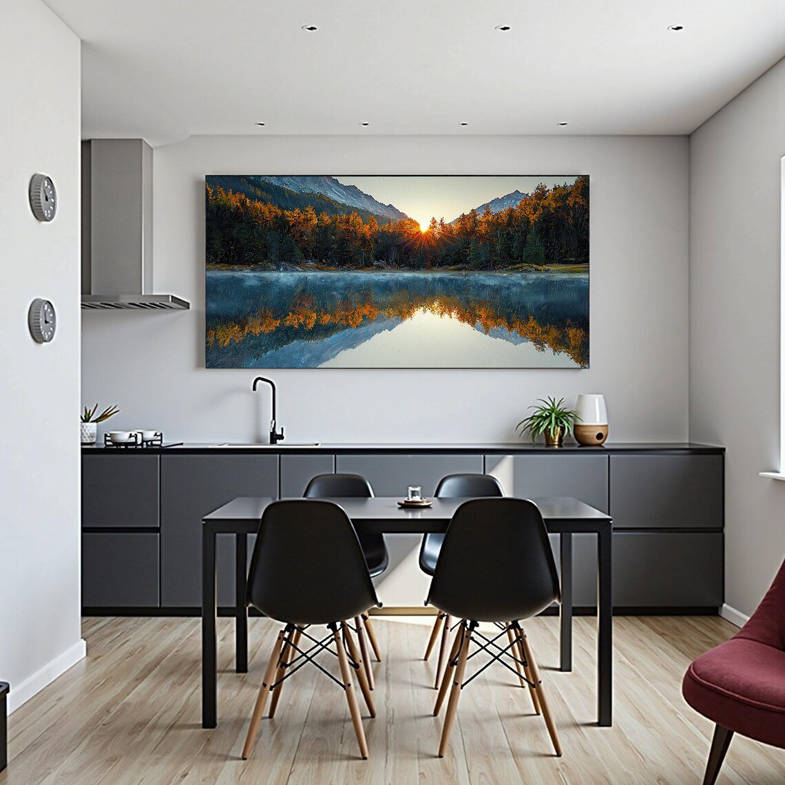 Mountain Lake Sunrise Golden Forest Reflection Nature Art Poster - Image 3