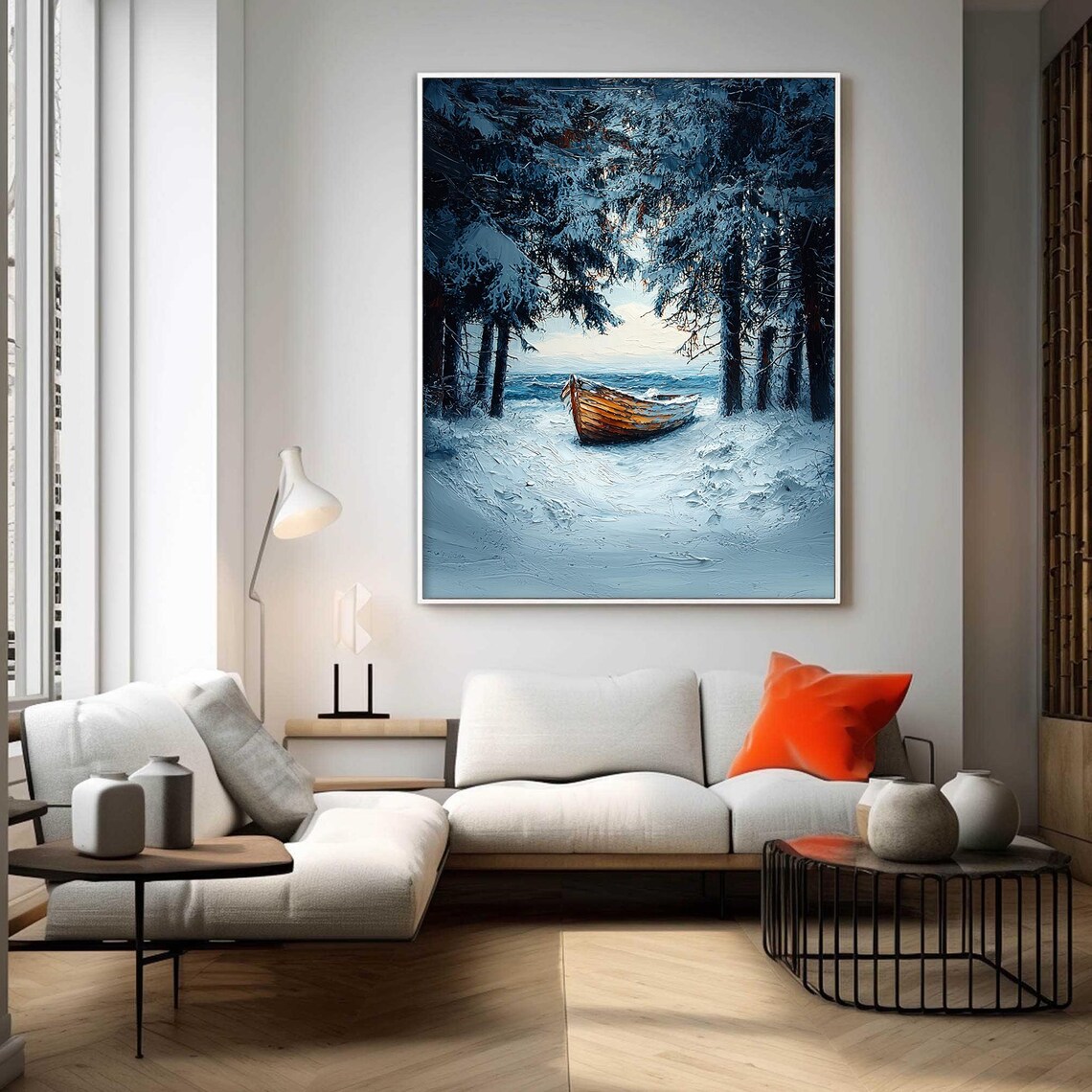 Wooden Boat Snowy Shore Pine Forest Winter Impasto Art Poster - Image 3