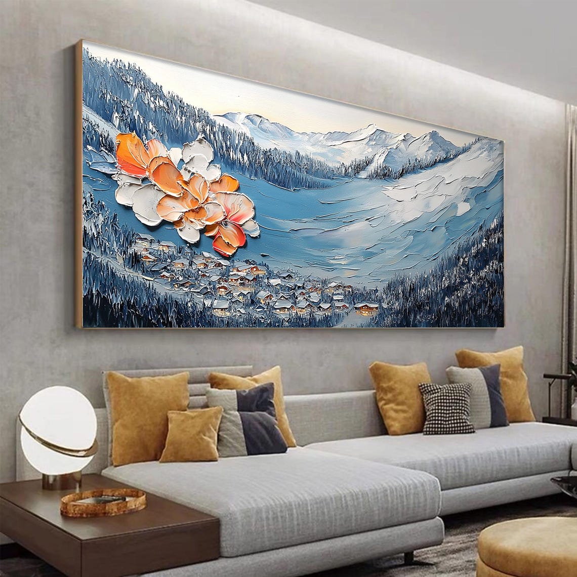 Snowy Mountain Village Giant Orange Flower Impasto Winter Art Poster - Image 4
