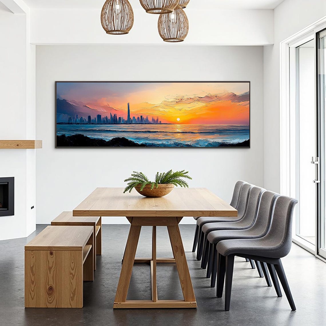 Dubai Skyline Sunset Ocean Burj Khalifa Impasto Cityscape Art Poster - Image 4
