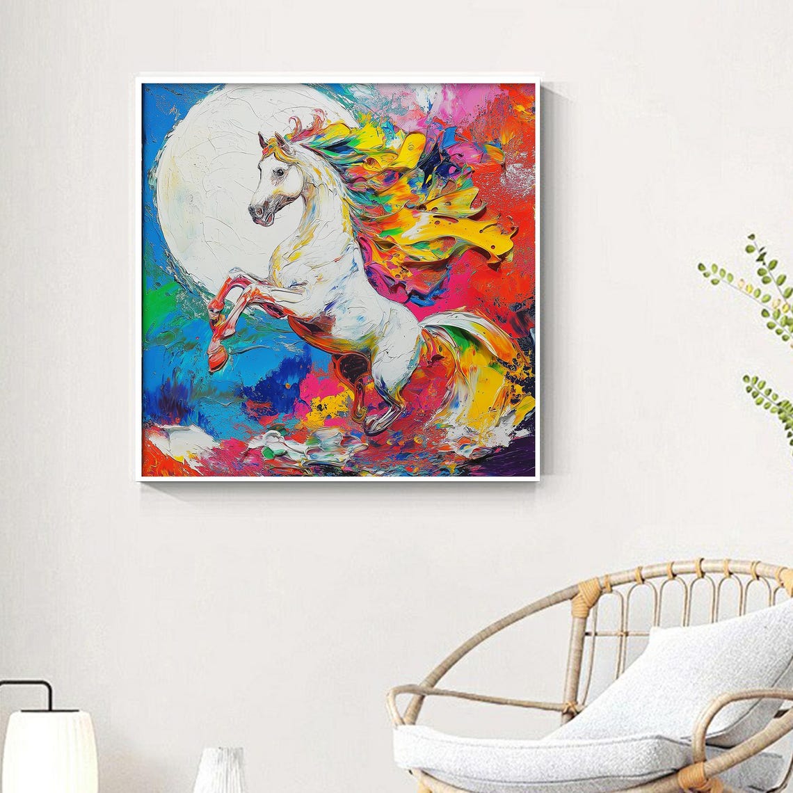 White Horse Rearing Rainbow Colors Impasto Abstract Animal Art Poster - Image 5