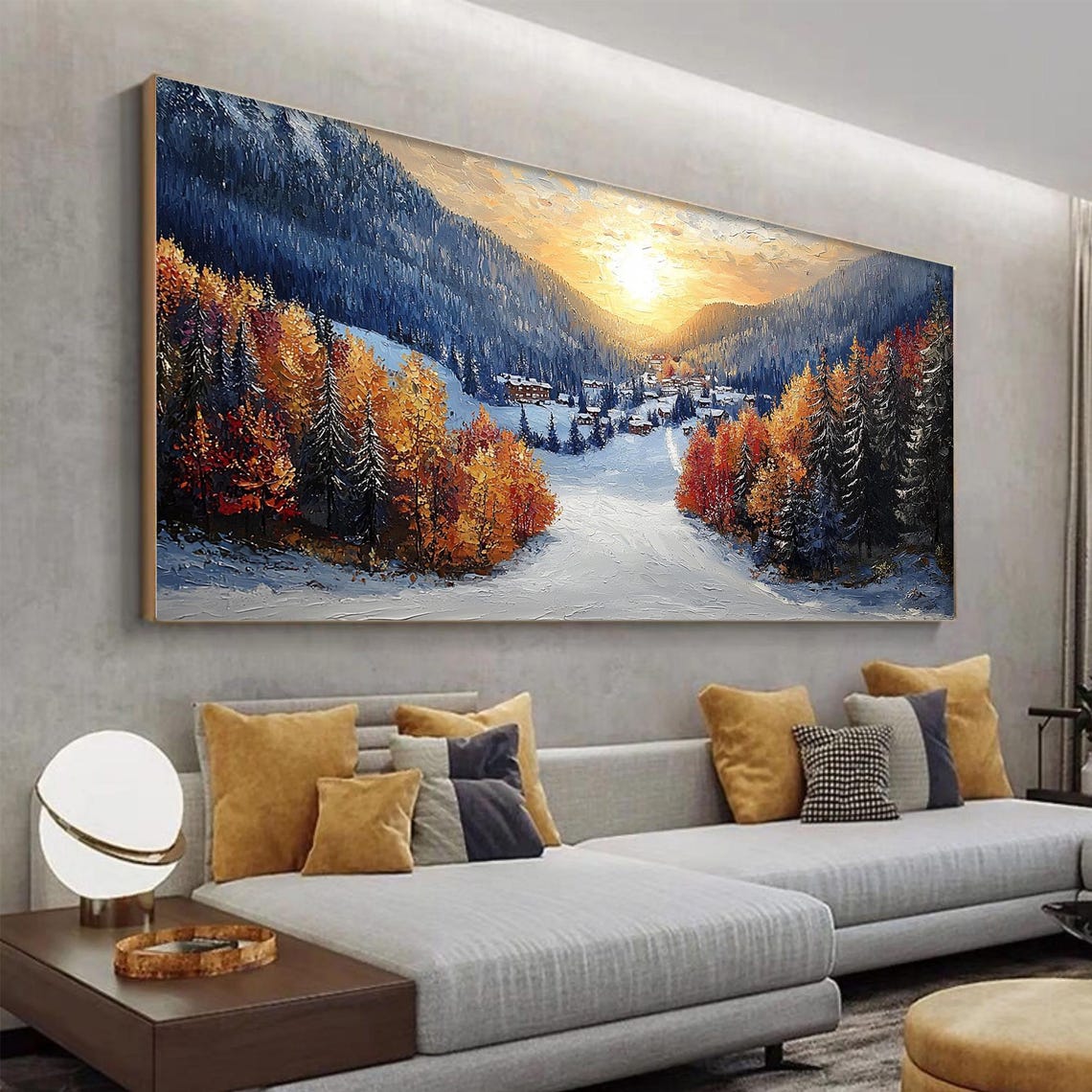 Golden Larch Valley Snow Village Sunset Impasto Winter Art Poster - Image 4
