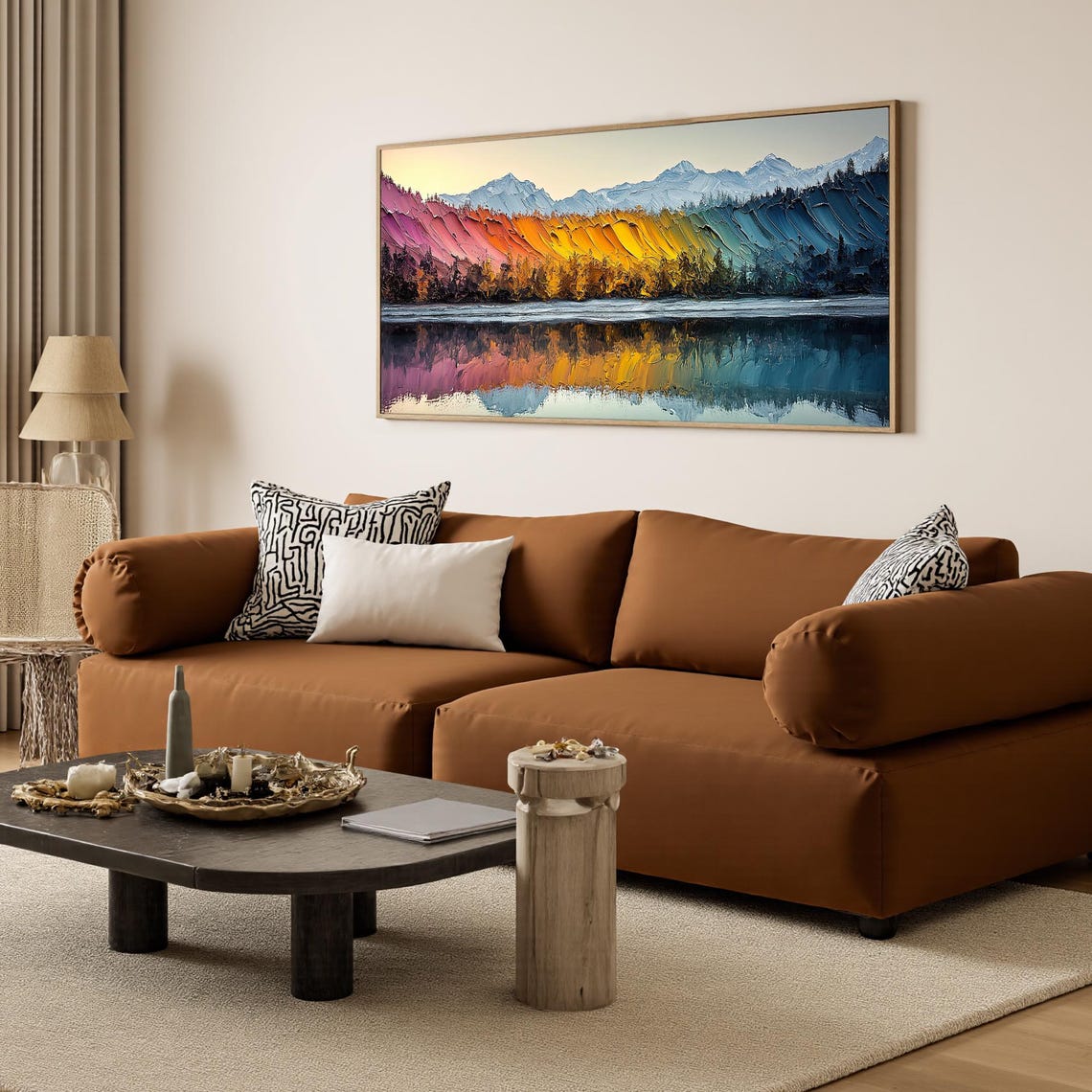 Colorful Rainbow Mountains Lake Reflection Impasto Nature Art Poster - Image 3