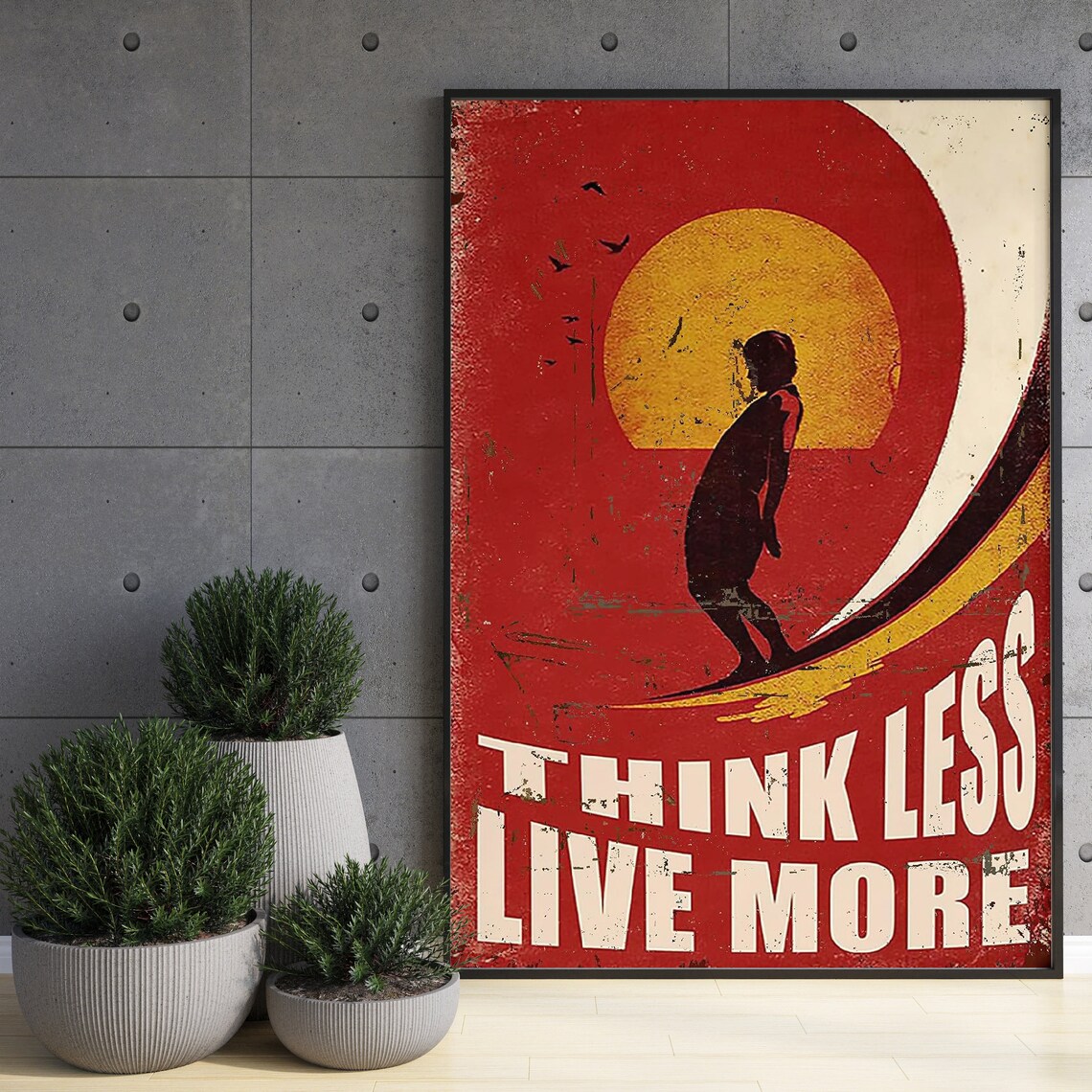 Think Less Live More Surfer Sunset Red Vintage Quote Art Poster - Image 3