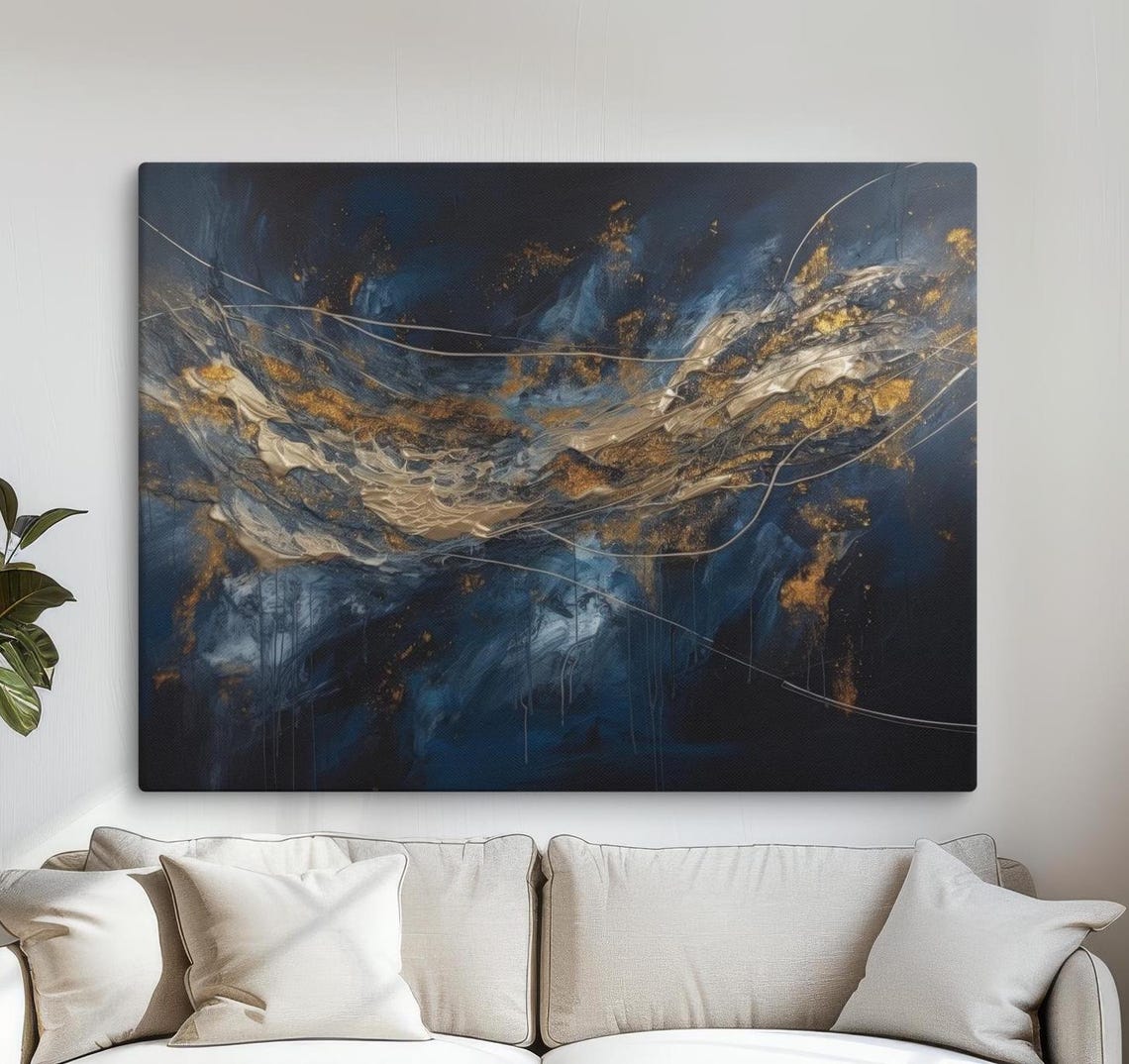 Deep Navy Blue Gold Ivory Abstract Flowing Textured Painting Wall Art