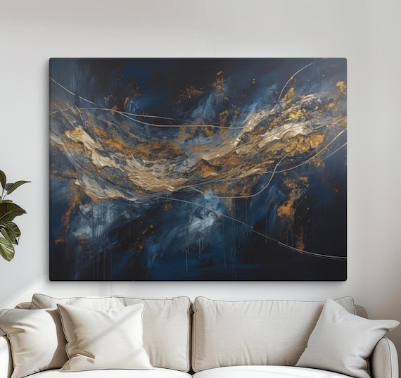 Blue And Gold Abstract Large Modern Wall Art Luxury Textured Painting Contemporary Home Decor Elegant Statement Artwork