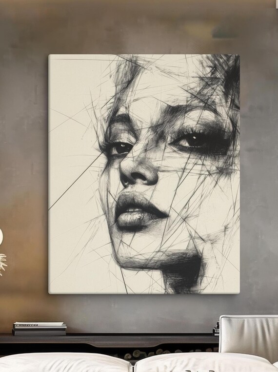Black And White Sketch Female Face Scratchy Line Art Portrait Painting Poster