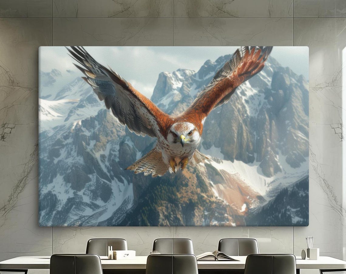 Majestic Hawk Soaring Over Snowy Mountain Peaks Wildlife Nature Poster