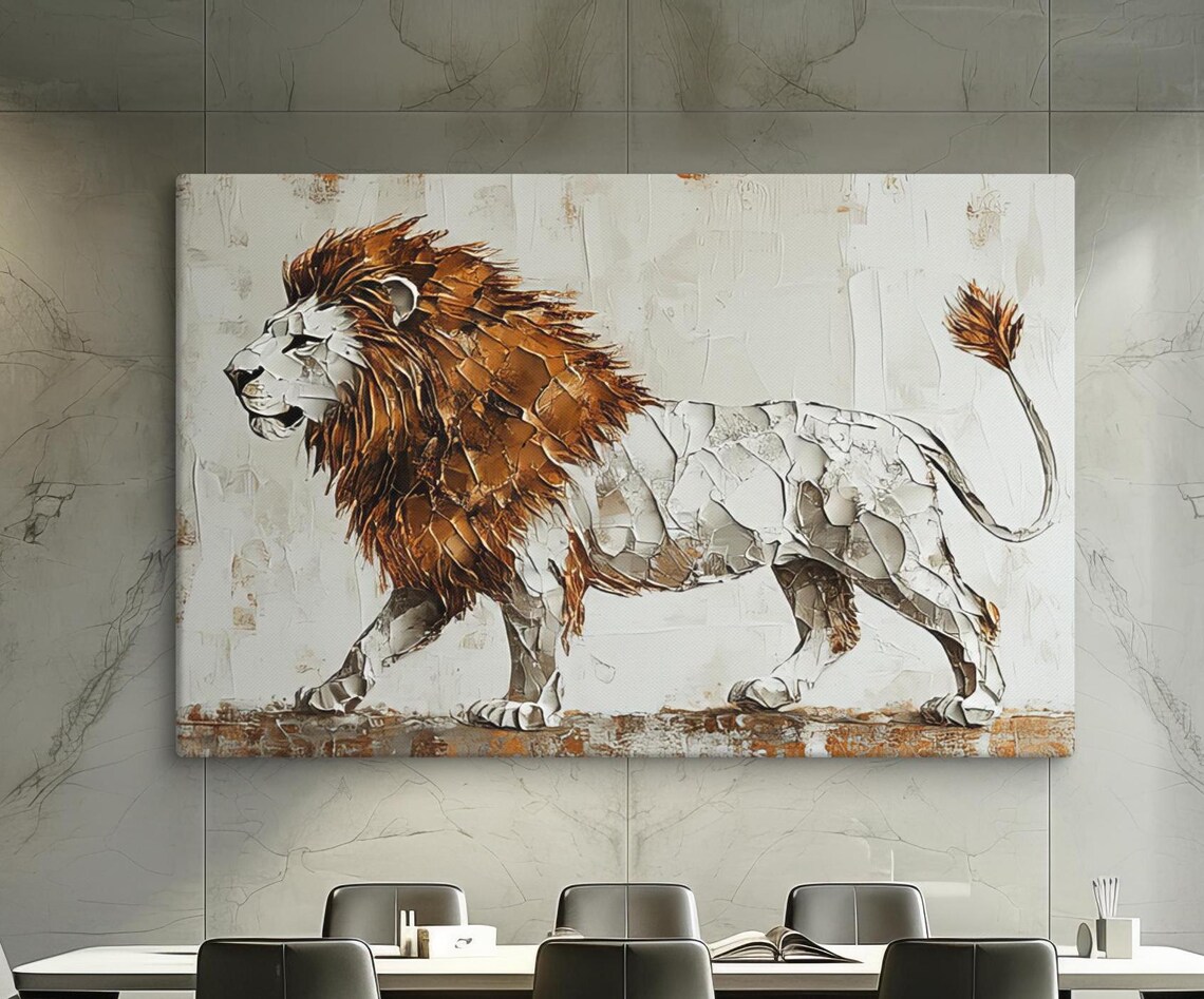Textured Copper Mane Lion Walking Cracked Mosaic Style Animal Art Poster