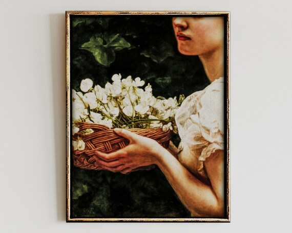 Vintage Woman With Flower Basket Soft Romantic Portrait Art Poster