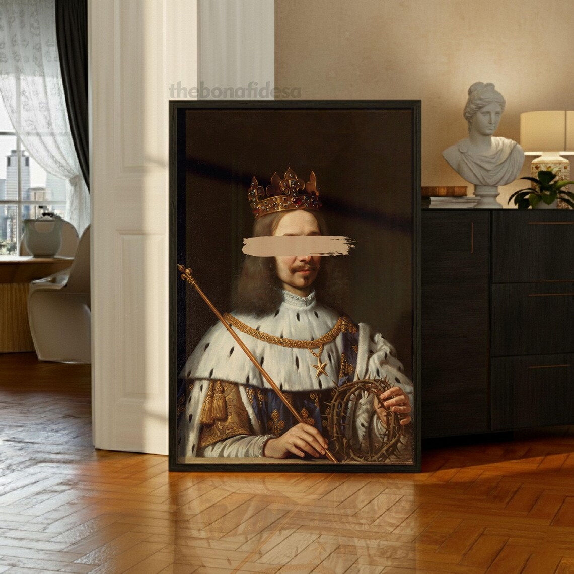 Crowned Royal King Portrait Censored Eyes Surreal Oil Art Poster