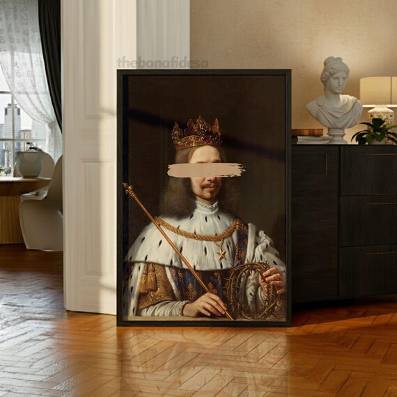 Crowned Royal King Portrait Censored Eyes Surreal Oil Art Poster