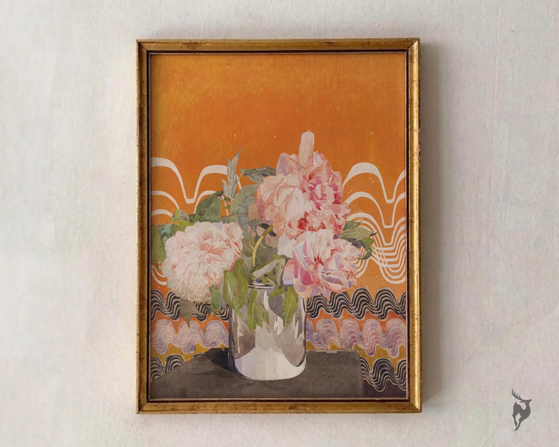Pink Peonies Retro Floral Art Bold Orange Wavy Background Print